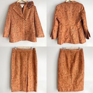 Grace Ephesians 2:5 Skirt Suit Women 16 Orange Paisley Metallic Brocade Vintage